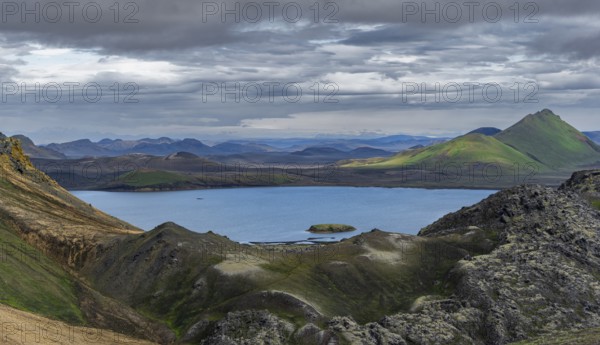 Large lake in volcanic landscape, Landmannalaugar, Fjallabak Nature Reserve, Icelandic Highlands, Suðurland, Iceland, Europe