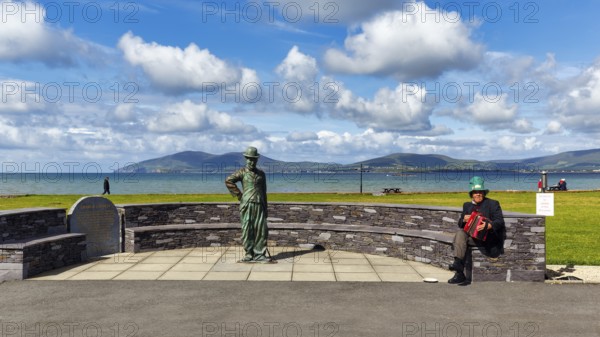 Memorial to Charlie Chaplin with bronze statue, coastline, Waterville, Ring of Skellig, Ring of Kerry, Wild Atlantic Way, Ireland, Europe