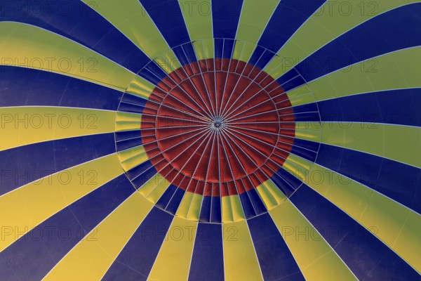 Interior view of a hot air balloon with yellow-blue stripes and red centre, Turkey, Asia