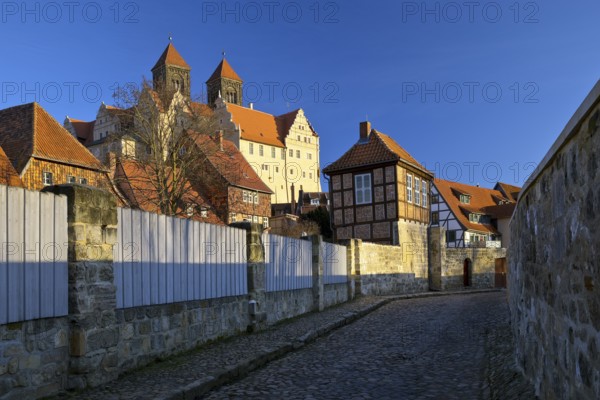 Half-timbered houses in Schenkgasse with St Servatius collegiate church, old town of the World Heritage town of Quedlinburg, Saxony-Anhalt, Germany, Europe