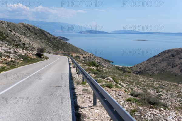 Winding road through mountainous landscape with sea view, mountain road towards Stara Baška, Stara Baska, Altweschke, Primorje-Gorski kotar, Croatia, Europe