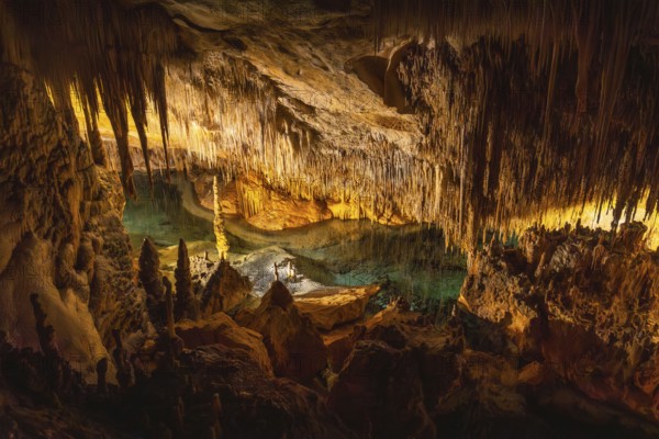 Illuminating stalactites reflecting in the turquoise waters of martel lake create a breathtaking subterranean spectacle in drach caves
