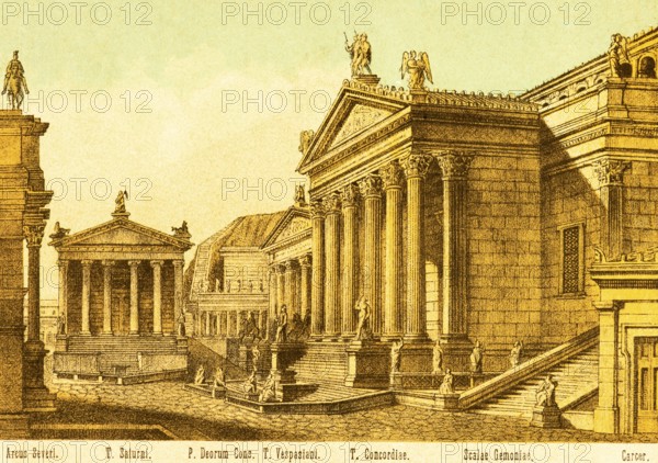Arcus Severi or Arco di Settimio Severo, Arch of Septimius Severus, Templum Saturni, Temple of Saturn, Templum Concordiae, Tempio della Concordia, Scolae Gemoniae, Scale Gemonie or Germonian Stairs, Carcer, title, ancient Rome, Italy, coloured historical illustration from 1882, Europe