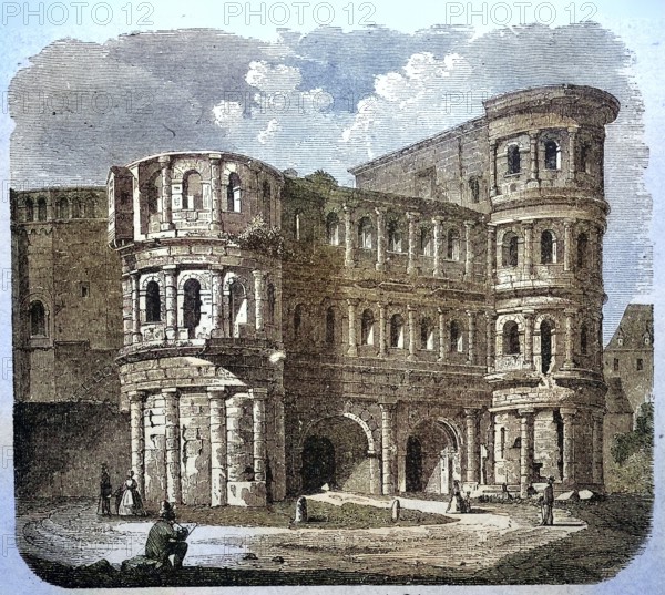 The Porta Nigra in Trier, Rhineland Palatinate, Deutschland, around 1875 / Die Porta Nigra in Trier, Rheinland Pfalz, um 1875, Historisch, historical, digital improved reproduction of an original from the 19th century / digital reproduction of an original from the 19th century