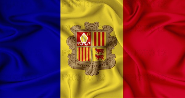 Close up of flag of Andorra with cloth texture. Realistic Andorra flag waving