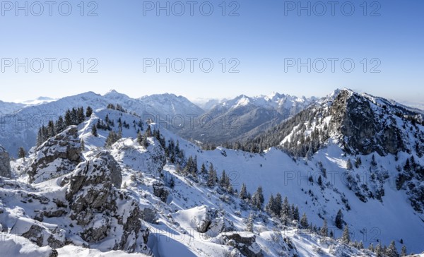 Snow-covered mountain landscape, view of ridge and mountain panorama at Teufelstättkopf, Ammergau Alps, Bavaria, Germany, Europe