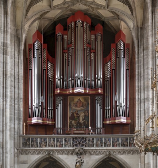 Organ loft with a Rieger organ, built in 1997, including the twelve apostles, late Gothic church of St George, Dinkelsbühl, Bavaria, Germany, Europe