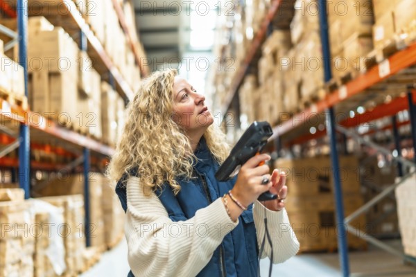 Woman worker looking up while scanning the barcode of packages in a warehouse