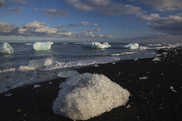Little icebergs and crushed ice on the black beach at Joekulsarlon glacial lake