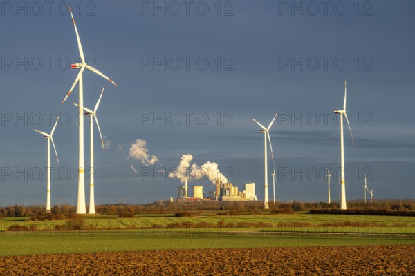 RWE Power lignite-fired power plant Neurath, RWE wind farm near Grevenbroich, power plant units, chimneys, cooling towers, North Rhine-Westphalia, Germany, Europe