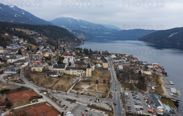 Drone shot, view of the town, Millstatt Abbey, Millstatt, Lake Millstatt, Carinthia, Austria, Europe