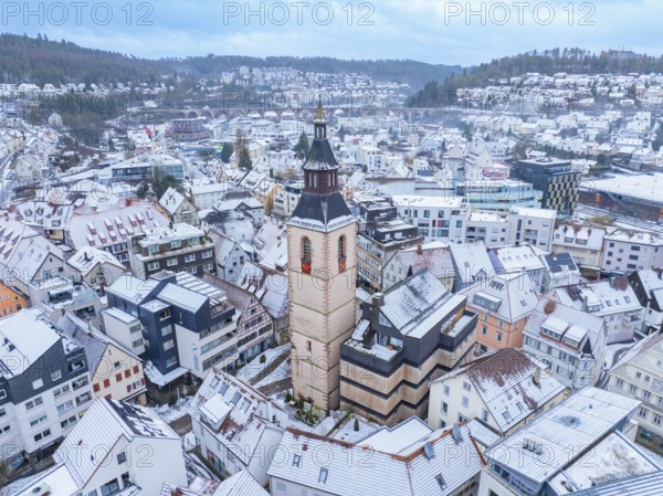 Snowy town view with church tower and surrounding buildings, embedded in a wintry scenery, Nagold, Old Tower, Black Forest, Germany, Europe