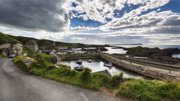 View of fishing harbour, Ballintoy Harbour, Causeway Coastal Route, Antrim, Northern Ireland, Great Britain