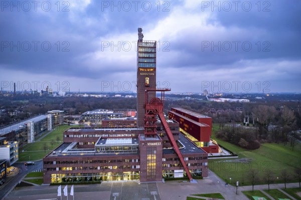 Nordstern colliery seen from the air at dusk, Gelsenkirchen, North Rhine-Westphalia, Germany, Europe