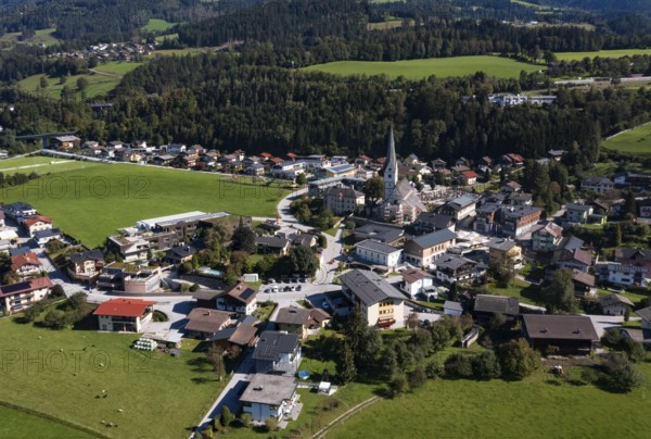 Drone image, settlement area, view of village with church, Pfarrwerfen, Salzachtal, Pongau, Salzburg province, Austria, Europe