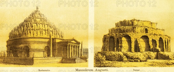 Mausoleum Augusti or Mausoleo di Augusto, Mausoleum of Augustus, resaturatio and ruinae, restored and ruin, circular building, title, ancient Rome, Italy, coloured historical illustration from 1882, Europe