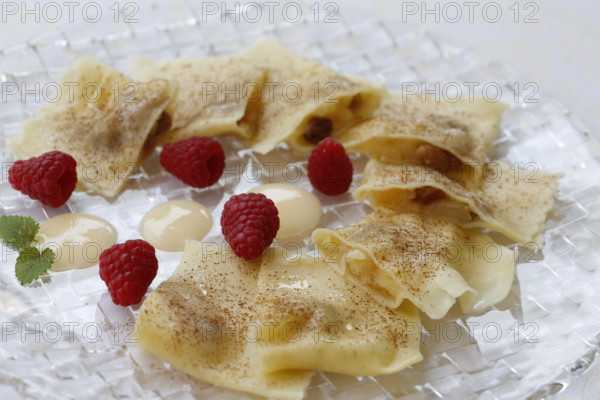 Swabian cuisine, apple ravioli, apple in pasta dough, sweet dish, dessert, vanilla sauce, cinnamon, raspberries, arranged on a plate, grandmother's kitchen, regional, home cooking, typical Swabian, classic recipe, traditional cuisine, food photography, studio, Germany, Europe