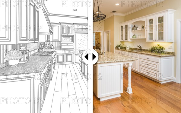 Before and after slider comparing pencil sketch drawing plans and completed custom kitchen