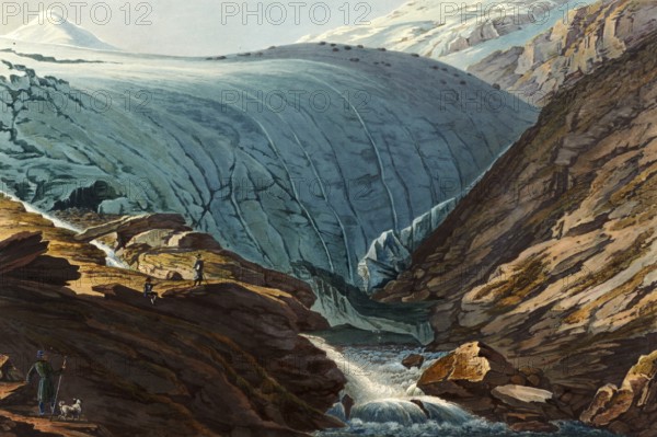 First source of the rear Rhine in the canton of Graubünden, Switzerland, view around 1830, digitally restored reproduction of a 19th century model by Johann Ludwig Bleuler (12 February 1792 - 28 March 1850), Swiss draughtsman and painter, Europe