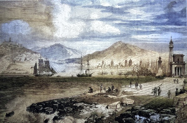 View of Barcelona, Spain, seen from the sea, 1875 / Blick auf Barcelona, Spanien, vom Meer aus gesehen, 1875, Historisch, historical, digital improved reproduction of an original from the 19th century / digital reproduction of an original from the 19th century, Europe