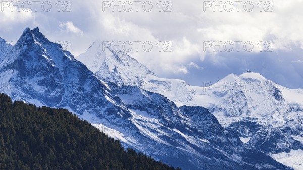 Snow-covered peaks of the mountains Le Besso, and Obergabelhorn, Val d'Anniviers, Valais Alps, Canton Valais, Switzerland, Europe