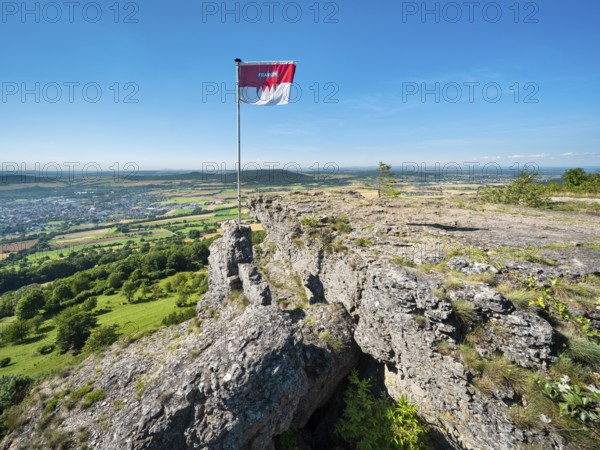 View from Staffelberg with Franconian flag, Bad Staffelstein, Upper Franconia, Franconian Switzerland, Franconian Alb, Bavaria, Germany, Europe