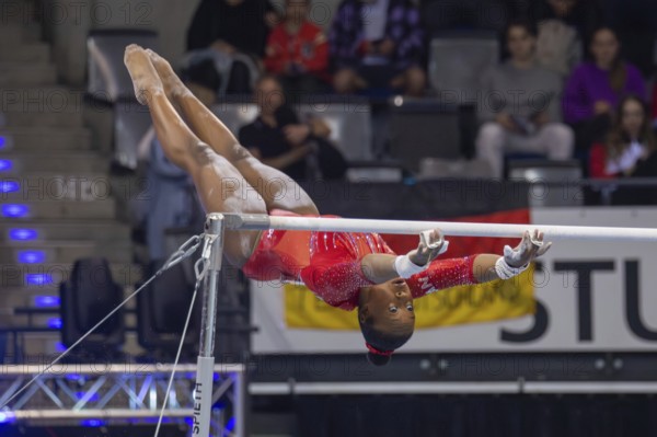 EnBW DTB-Pokal Stuttgart 2025, Mixed Cup***Gabrielle Black Canada warming up on uneven bars