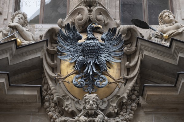 Sculptural imperial eagle above an entrance portal of the Old Town Hall, built in 1616, Nuremberg, Middle Franconia, Bavaria, Germany, Europe