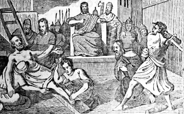 Paul is beheaded and Peter crucified under Emperor Nero in Rome, woodcut, historical illustration, Christoph Schmid's Biblical History 1831
