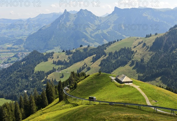 Idyllic pre-Alpine landscape in the Gruyère region with the Plan-Francey funicular, Moleson, Moléson-sur-Gruyères, Canton Fribourg, Switzerland, Europe