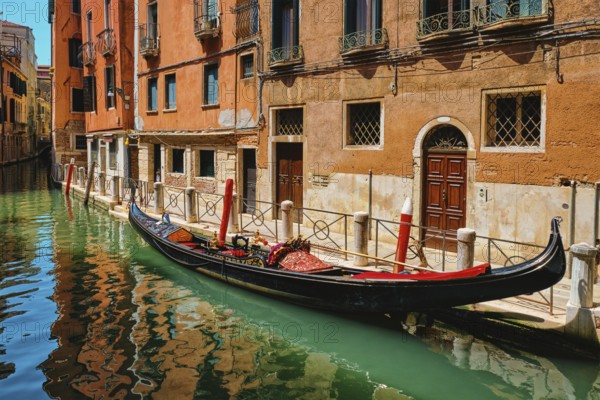 Narrow canal between colorful old houses with gondola boat in Venice, Italy, Europe