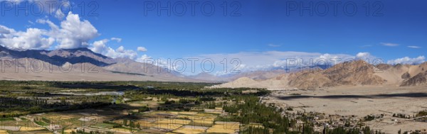 Panorama of Indus valley in Himalayas from Thiksey gompa. Ladakh, India, Asia