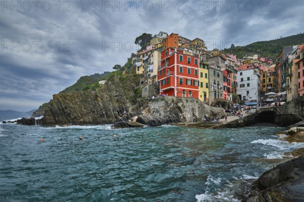 Riomaggiore village popular tourist destination in Cinque Terre National Park a UNESCO World Heritage Site, Liguria, Italy in stormy weather