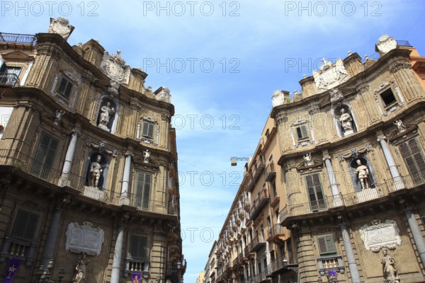 Old town of Palermo, at Piazza Quattro Canti, more precisely Quattro Canti di citta, baroque palace facades in the historic centre, Sicily, Italy, Europe