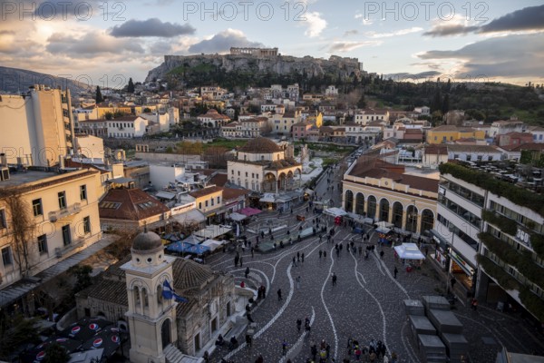 View over the old town of Athens, with Panagia Pantanassa Church, Tzisdarakis Mosque and Acropolis, Monastiraki Square, in the evening light, Athens, Attica, Greece, Europe
