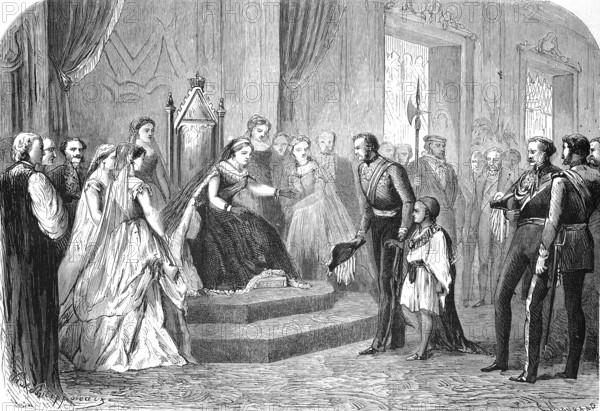 General Robert Napier presents the son of Negus Theodoros of Abyssinia to Queen Victoria of England, 1869, England, Historical, digitally restored reproduction of an original 19th century master, exact original date not known