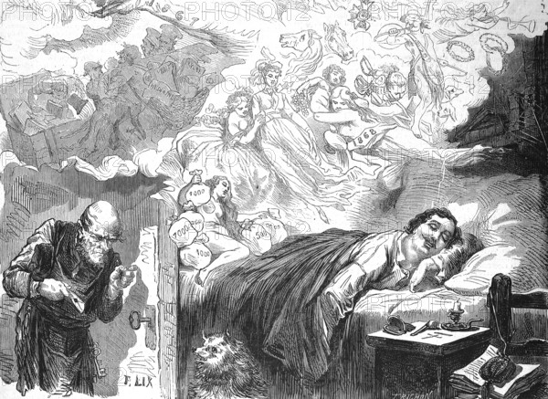 New Year, New Year's Eve, the dream of youth of wealth, prosperity and woman, young man dreaming, 1868, France, Historic, digitally restored reproduction of an original 19th century original, exact original date not known, Europe