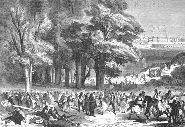La Sainte Eugenie in Madrid, every inhabitant of the capital is entitled to take his load of sweet acorns from the royal estate El Pardo, 1869, Spain, Historic, digitally restored reproduction of a 19th century original, exact original date not known, Europe