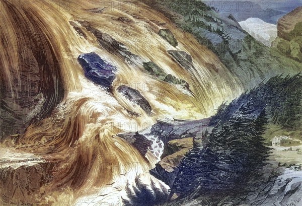 The Mont Cenis disaster, destruction of the railway line near Saint-Michel, 1869, Auvergne-Rhône-Alpes, France, Historical, digitally restored reproduction of an original 19th century master, exact original date unknown, Europe