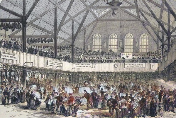The Market Hall in the Whitechapel district of London in 1869, England, Historic, digitally restored reproduction of an original 19th century artwork, exact original date unknown