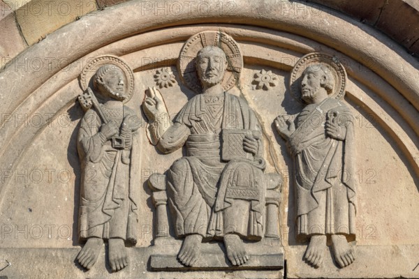 Tympanum on the west portal, Romanesque Minster Schwarzach, Rheinmünster, Baden-Württemberg, Germany, Europe