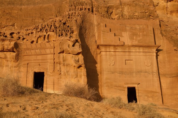 Nabataean tombs at Djabal Al-Ahmar in first daylight, Hegra or Madain Salih, AlUla region, Medina province, Saudi Arabia, Arabian Peninsula, Asia