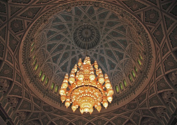 The Great Sultan Qabus Mosque in Muscat is the main mosque in Oman. It is considered one of the most important buildings in the country and one of the largest mosques in the world. Large chandelier in the men's prayer hall, Oman, Asia