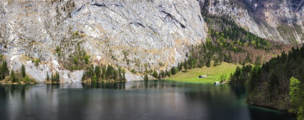 Panorama of mountain lake Obersee in German Alps. Bavaria, Germany, Europe