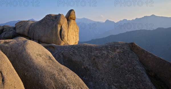 View of stones and rock formations from Ulsanbawi rock peak on sunset. Seoraksan National Park, South Corea