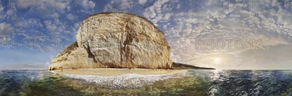 360° panorama with the small sandy beach Mare di Tropea below the mighty sandstone rock of the church Santuario di Santa Maria at low sun, Tropea, Vibo Valentia, Calabria, Southern Italy, Italy, Europe