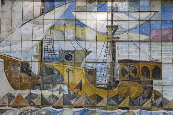 Painted wall tiles with seafarer motif on the castle hill, Cartagena, Region of Murcia, Spain, Europe