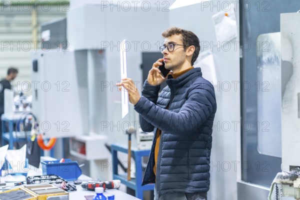 Engineer talking to the mobile in a computer numeric control factory