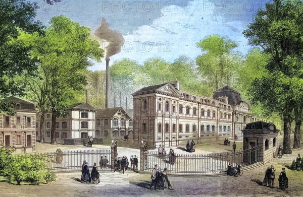 New buildings of the imperial porcelain manufactory in Sevres, Manufacture royale de porcelaine de Sèvres is one of the most important European manufactories for the production of fritted porcelain, 1869, France, Historic, digitally restored reproduction of an original 19th century master, exact original date unknown, Europe