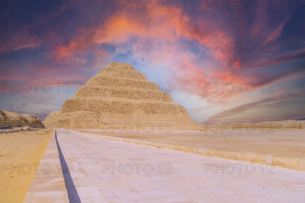 The Stepped Pyramid of Djoser at sunset, Saqqara. Egypt. The most important necropolis in Memphis. The first pyramid in the world